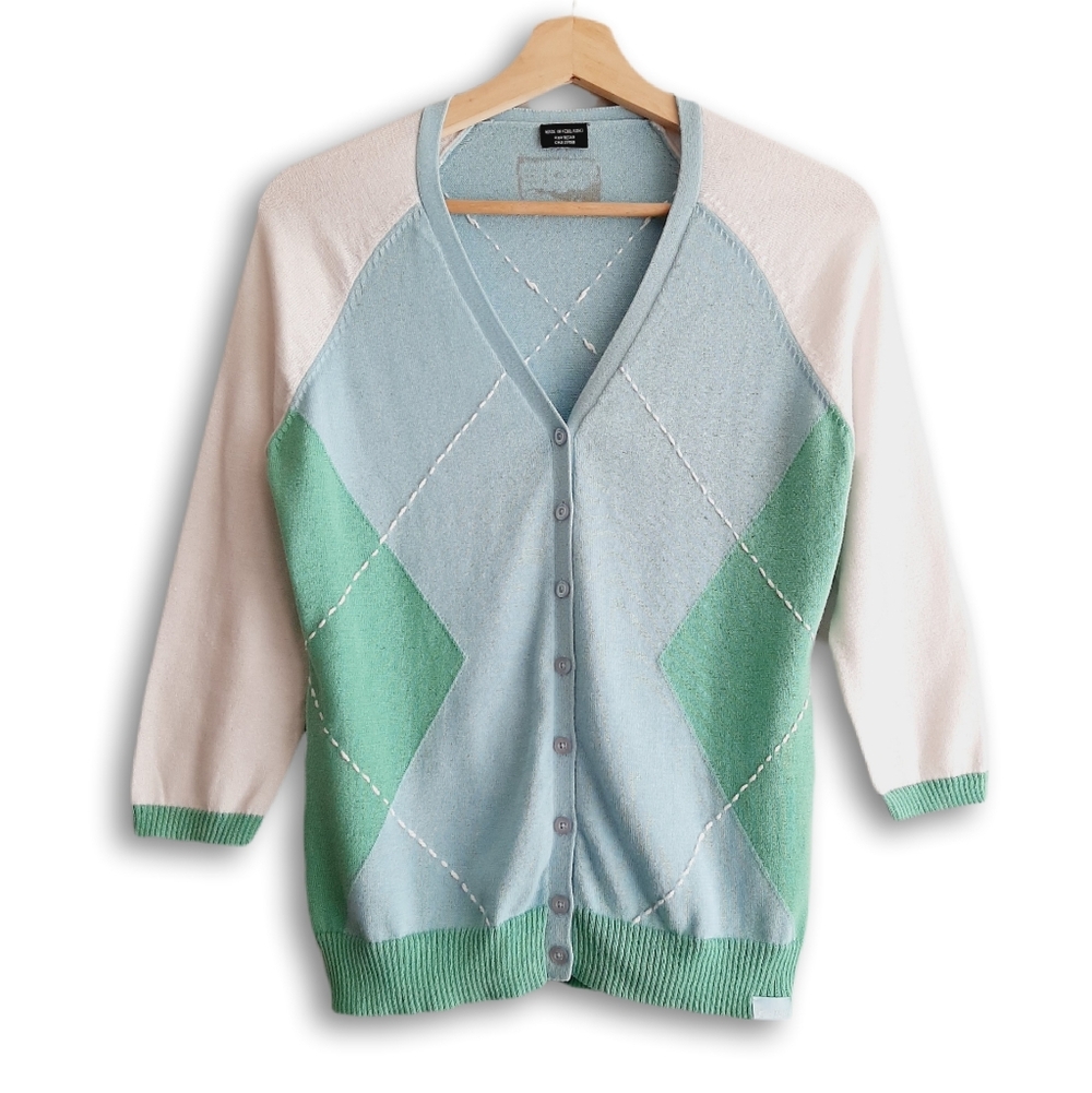 OAKLEY Argyle Intarsia Cardigan Fine Knit Sweater Button Down Green & Blue Sz XS
